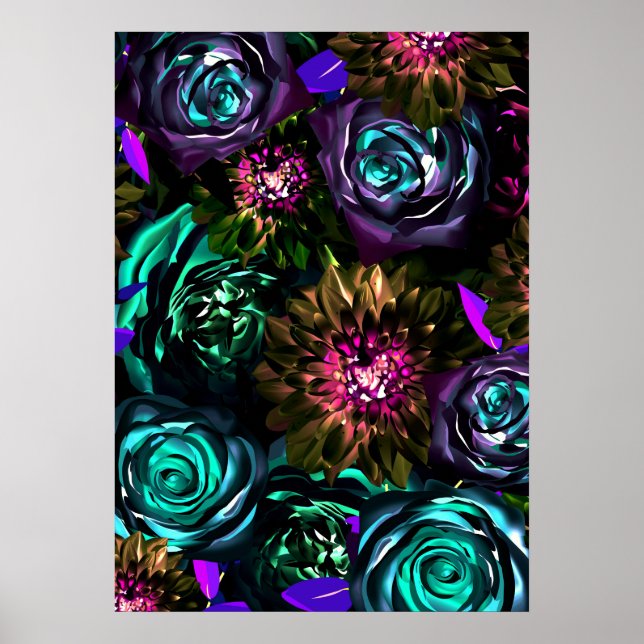 Mörk Wonderland Bold Glamor Blommigt Flowers Poster (Framsidan)