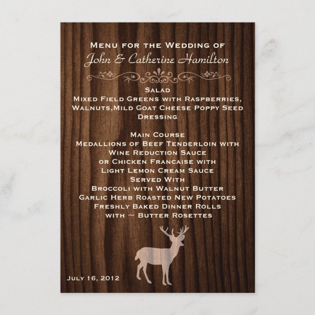 Mörk Wood Hjort Landsbyggsbröllop Bord Menu Meny (Framsida)