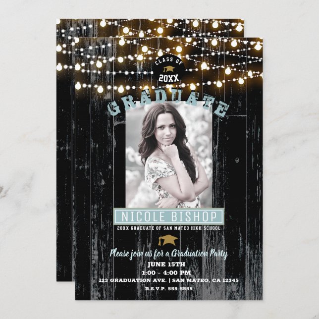 Mörk Wood & Ljus Rustic Photo Studentfest Inbjudningar (Fram/baksida)