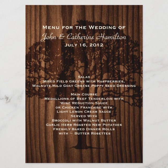 Mörk Wood Träd Landsbyggsbröllop Bord Menu Meny (Framsida)