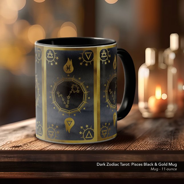 Mörk Zodiac Alchemy: Pisces Black & Guld Mugg (Dark Zodiac, Tarot, and Alchemy Mug: Pisces in Black & Gold)