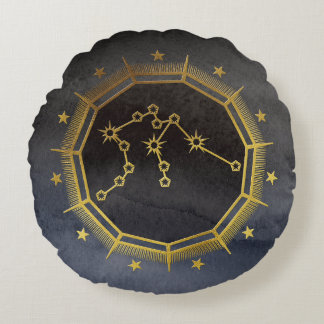 Mörk Zodiac Astrology: Aquarius Black & Guld Rund Kudde
