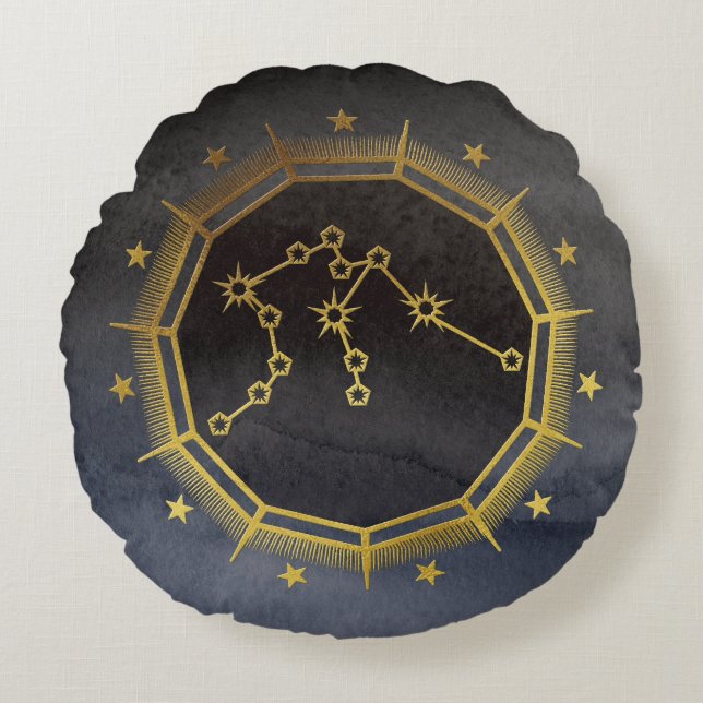 Mörk Zodiac Astrology: Aquarius Black & Guld Rund Kudde (Framsidan)