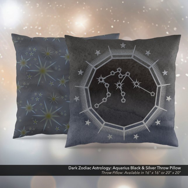 Mörk Zodiac Astrology: Aquarius Black & Silver Kudde (Dark Zodiac Astrology: Aquarius Black & Silver Square Throw Pillow)