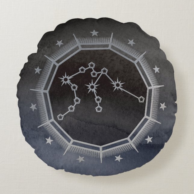 Mörk Zodiac Astrology: Aquarius Black & Silver Rund Kudde (Framsidan)