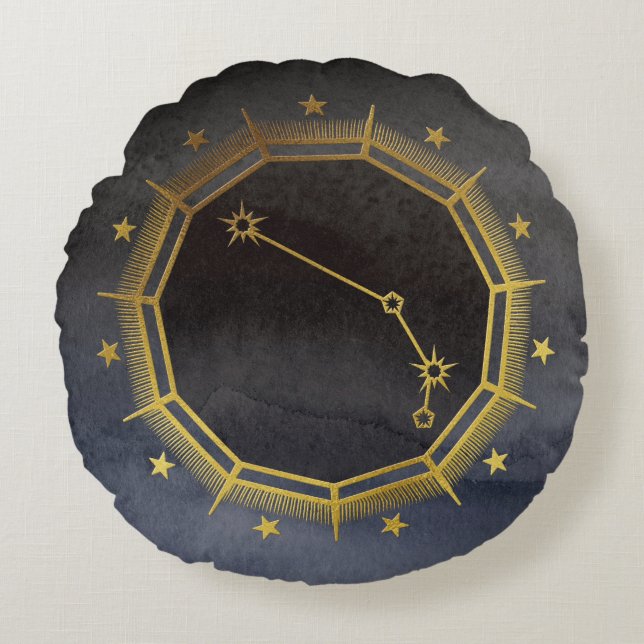 Mörk Zodiac Astrology: Aries Black & Guld Rund Kudde (Framsidan)