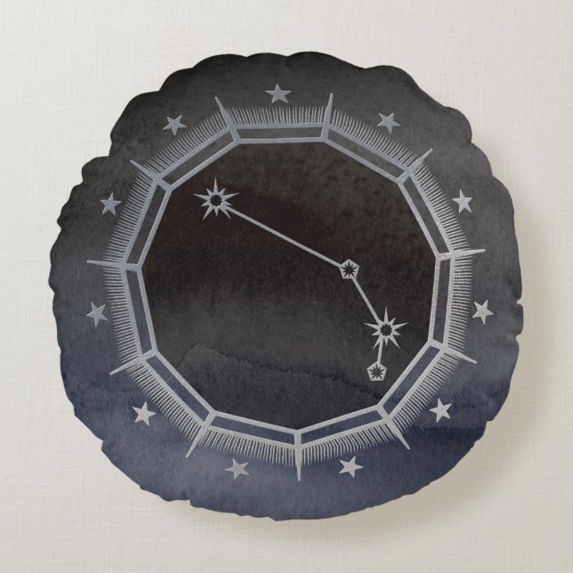 Mörk Zodiac Astrology: Aries Black & Silver Rund Kudde (Framsidan)