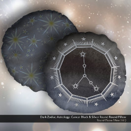 Mörk Zodiac Astrology: Cancer Black & Silver Round Rund Kudde