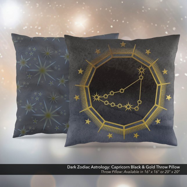 Mörk Zodiac Astrology: Capricorn Black & Guld Kudde (Dark Zodiac Astrology: Capricorn Black & Gold Square Throw Pillow)