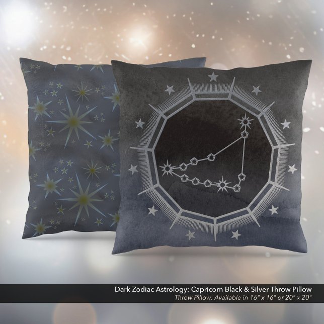 Mörk Zodiac Astrology: Capricorn Black & Silver Kudde (Dark Zodiac Astrology: Capricorn Black & Square Silver Throw Pillow)