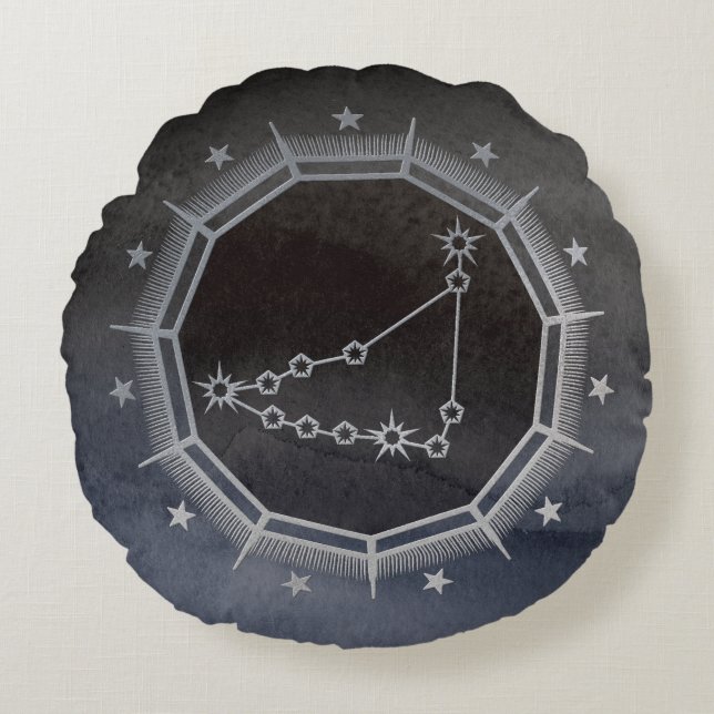 Mörk Zodiac Astrology: Capricorn Black & Silver Rund Kudde (Framsidan)