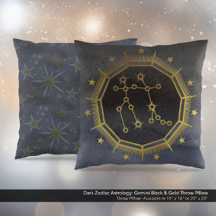 Mörk Zodiac Astrology: Gemini Black & Guld Kudde