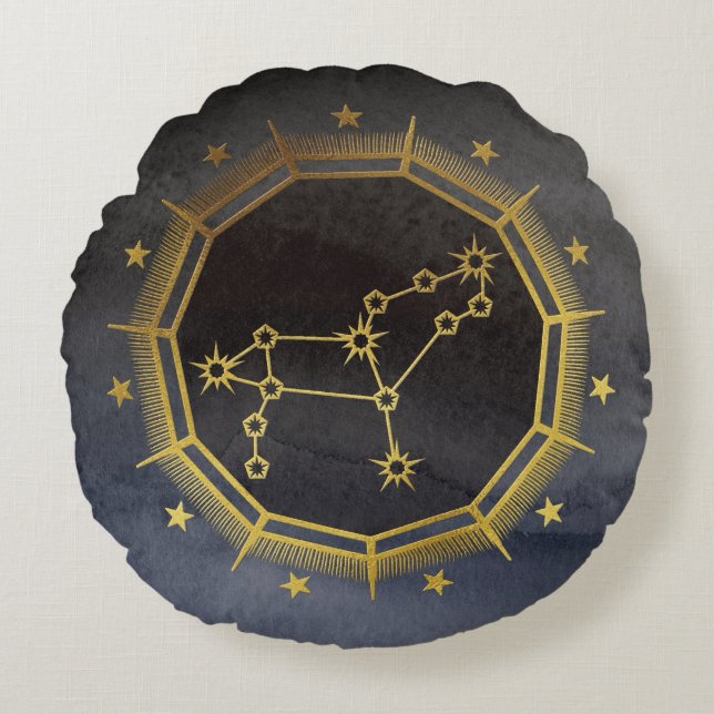 Mörk Zodiac Astrology: Leo Black & Guld Rund Kudde (Framsidan)
