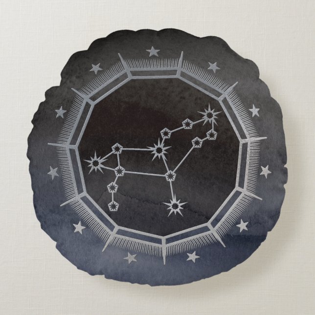 Mörk Zodiac Astrology: Leo Black & Silver Rund Kudde (Framsidan)