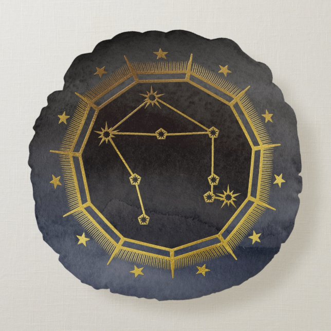 Mörk Zodiac Astrology: Libra Black & Guld Rund Kudde (Framsidan)