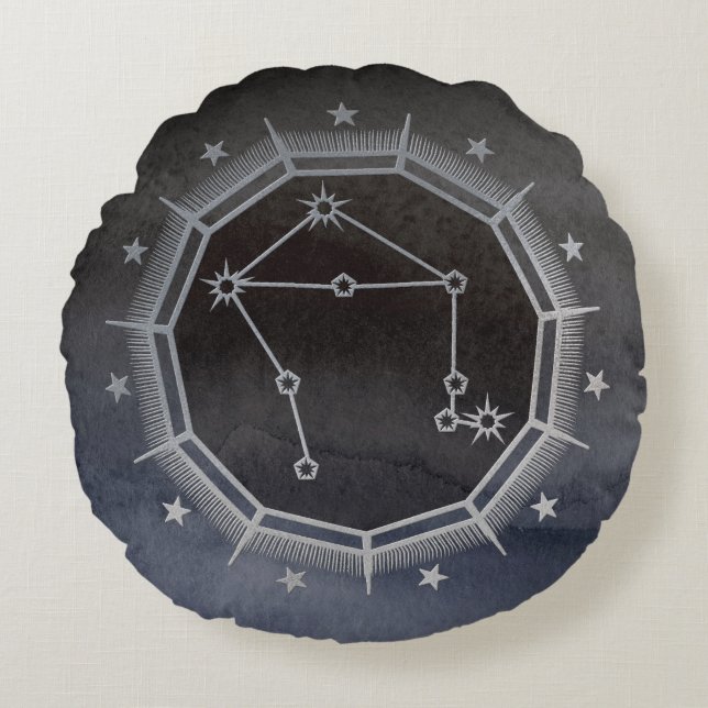 Mörk Zodiac Astrology: Libra Black & Silver Rund Kudde (Framsidan)