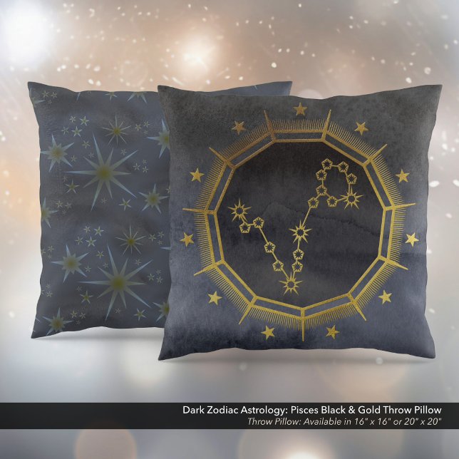 Mörk Zodiac Astrology: Pisces Black & Guld Kudde (Dark Zodiac Astrology: Pisces Black & Gold Square Throw Pillow)