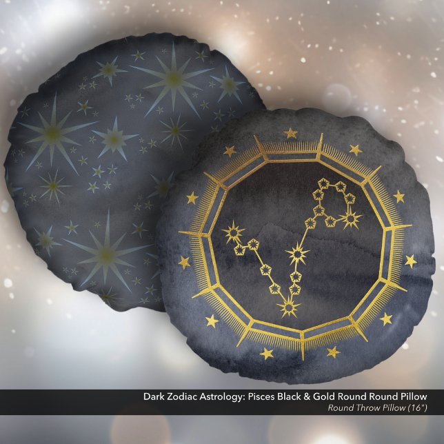 Mörk Zodiac Astrology: Pisces Black & Guld Rund Kudde (Dark Zodiac Astrology: Pisces Black & Gold Round Pillow)