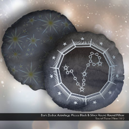 Mörk Zodiac Astrology: Pisces Black & Silver Rund Kudde