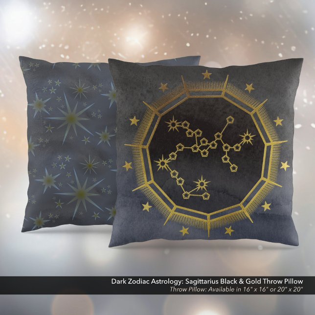 Mörk Zodiac Astrology: Sagittarius Black & Guld Kudde (Dark Zodiac Astrology: Sagittarius Black & Gold Square Throw Pillow)