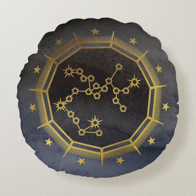 Mörk Zodiac Astrology: Sagittarius Black & Guld Rund Kudde (Framsidan)