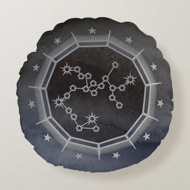 Mörk Zodiac Astrology: Sagittarius Black & Silver Rund Kudde (Framsidan)