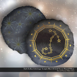 Mörk Zodiac Astrology: Scorpio Black & Guld Rund Kudde
