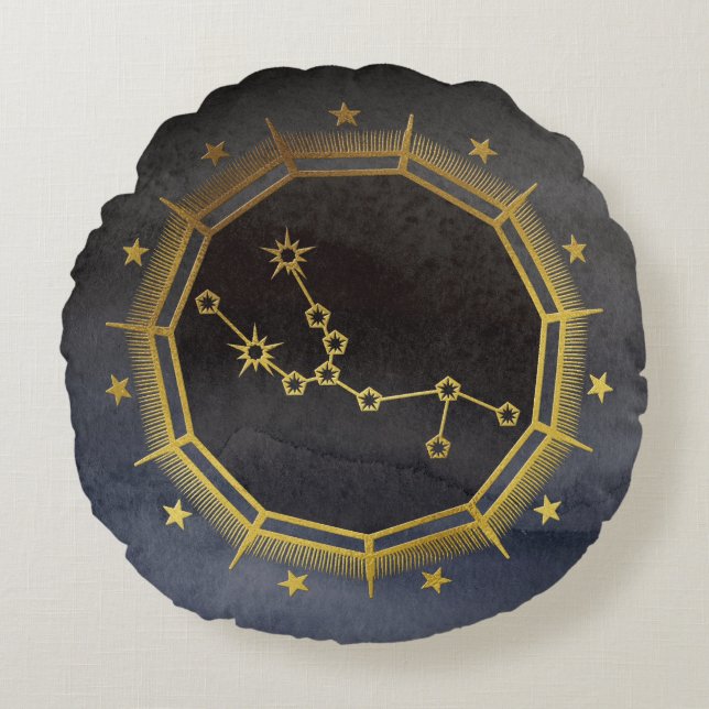 Mörk Zodiac Astrology: Taurus Black & Guld Rund Kudde (Framsidan)