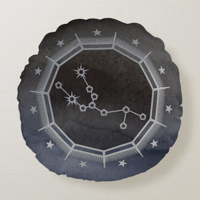 Mörk Zodiac Astrology: Taurus Black & Silver Rund Kudde (Framsidan)