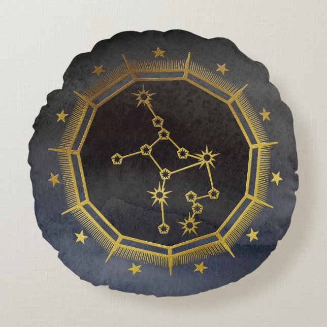 Mörk Zodiac Astrology: Våg Black & Guld Rund Kudde (Framsidan)