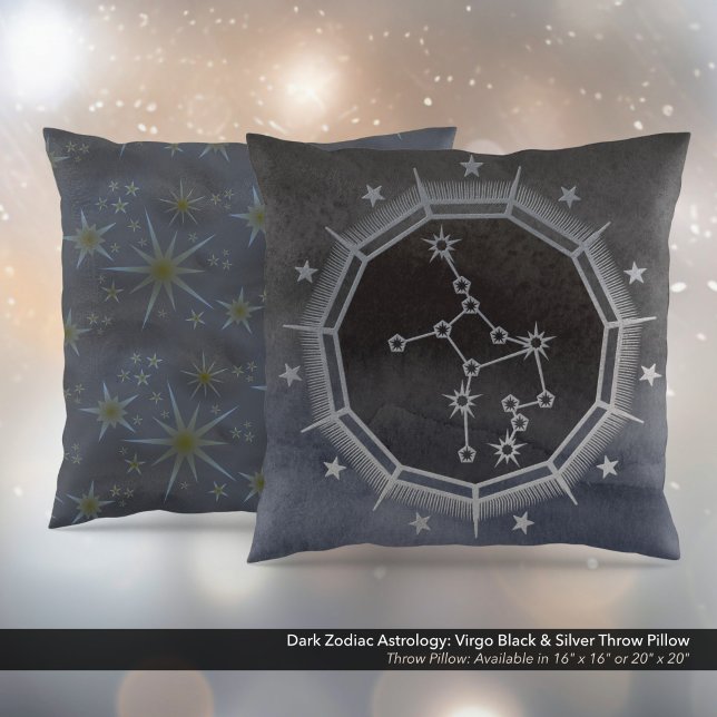 Mörk Zodiac Astrology: Våg Black & Silver Kudde (Dark Zodiac Astrology: Virgo Black & Silver Square Throw Pillow)
