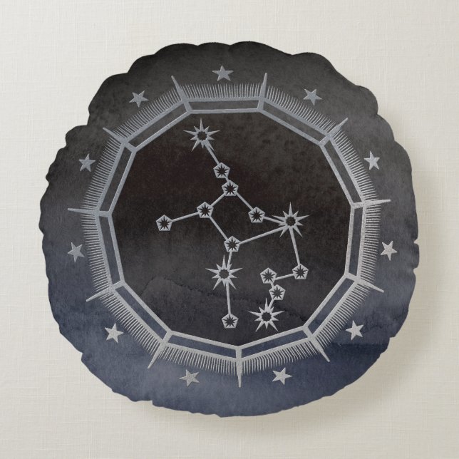 Mörk Zodiac Astrology: Våg Black & Silver Rund Kudde (Framsidan)