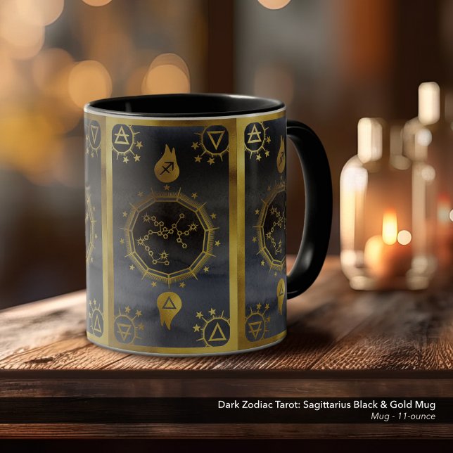 Mörk Zodiac Tarot: Sagittarius Black & Guld Mugg (Dark Zodiac, Tarot, and Alchemy Mug: Sagittarius in Black & Gold)