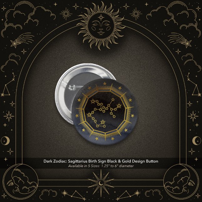 Mörk Zodiak: Skytten Stjärntecken Svart & Guld Knapp (Dark Zodiac: Sagittarius Birth Sign Black & Gold Button)