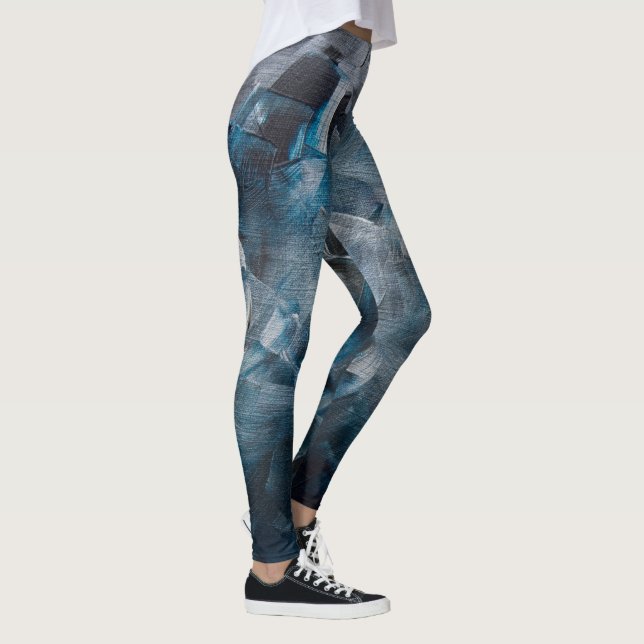Mörka Abstrakt Pinselstreck i Blå och Grå Nyanser Leggings (Höger)