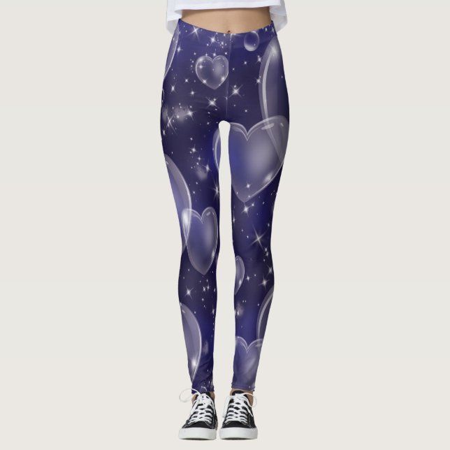 Mörka Blå Bubbla Hjärtan Söta Tjejig 90-tal Leggings (Framsida)