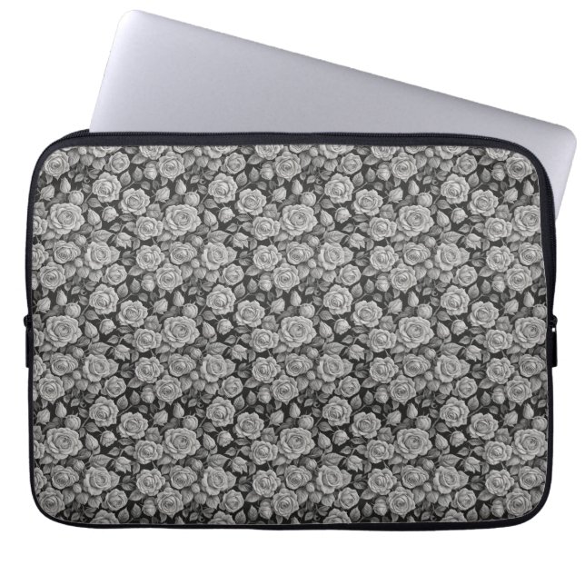 Mörka Blommor Svarta Grå Rosor Estetik Laptop Fodral (Framsidan)