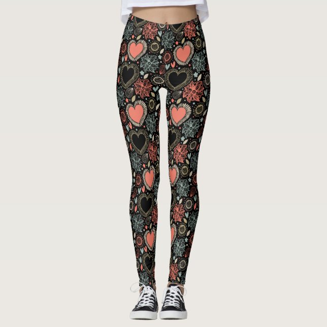 Mörka Blommors Glädje: Blommönster utan Sömmar Leggings (Framsida)