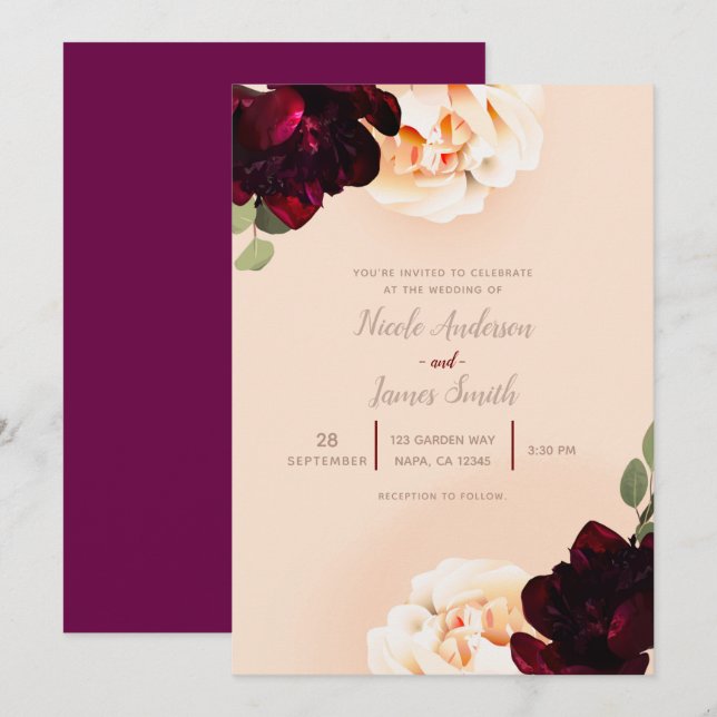 Mörka blomstergul Marsala-persika elegant chic brö Inbjudningar (Fram/baksida)