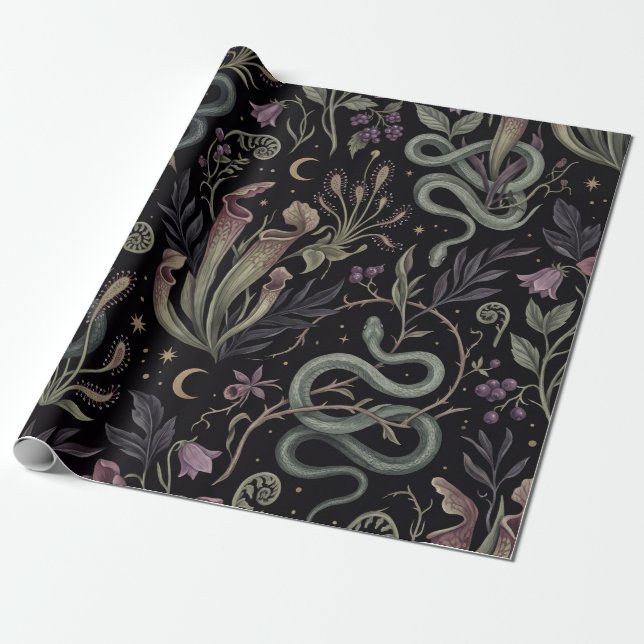 Mörka Botaniska Ormar & Köttätande Växter Presentpapper (Utrullad)
