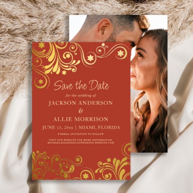 Mörka brända orangea guld virvlar foto bröllop spara datumet (Burnt orange and gold flourish wedding Save the Date photo card)
