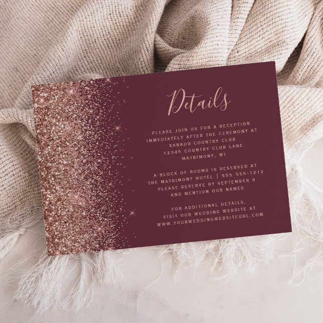 Mörka Burgunder Rosa Guld Glitter Bröllopsdetaljer Tilläggskort (Skapare uppladdad)