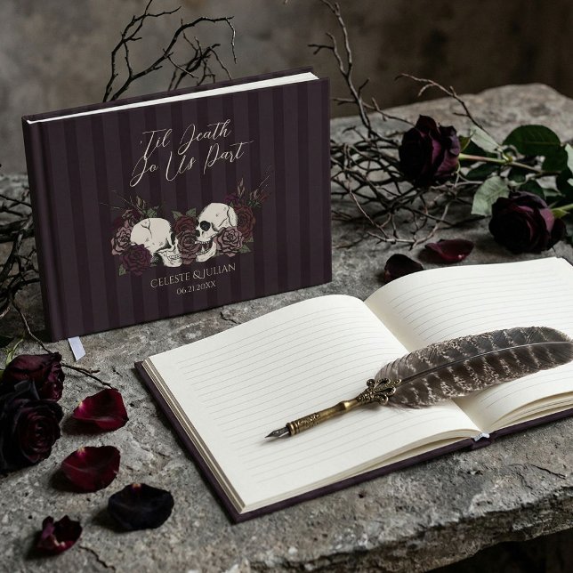 Mörka Burgunderfärgade Dödskallar & Rosor Bröllops Gästböcker ('Til Death wedding photo guest book with gothic skulls and roses on rich burgundy striped cover)