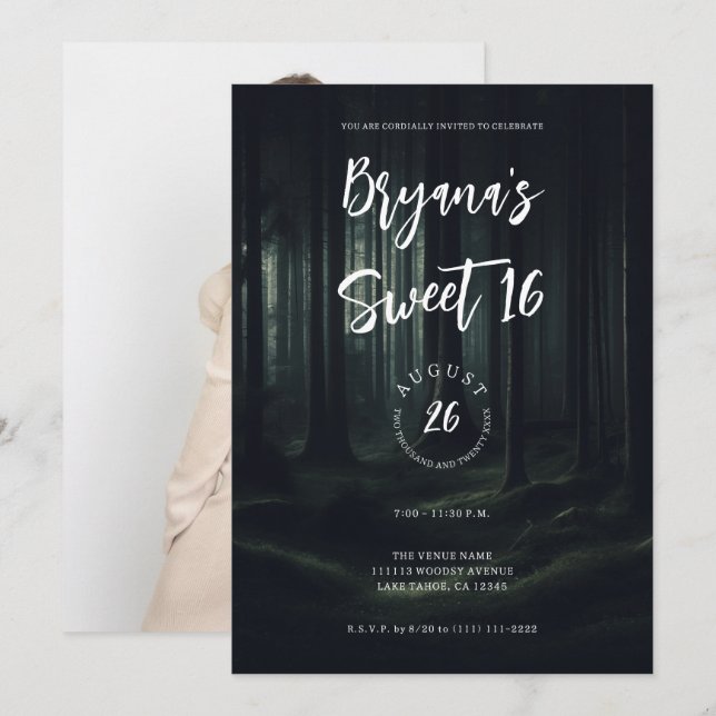 Mörka Dyster Skogsträd vid Skymning Sweet 16 Inbjudningar (Fram/baksida)