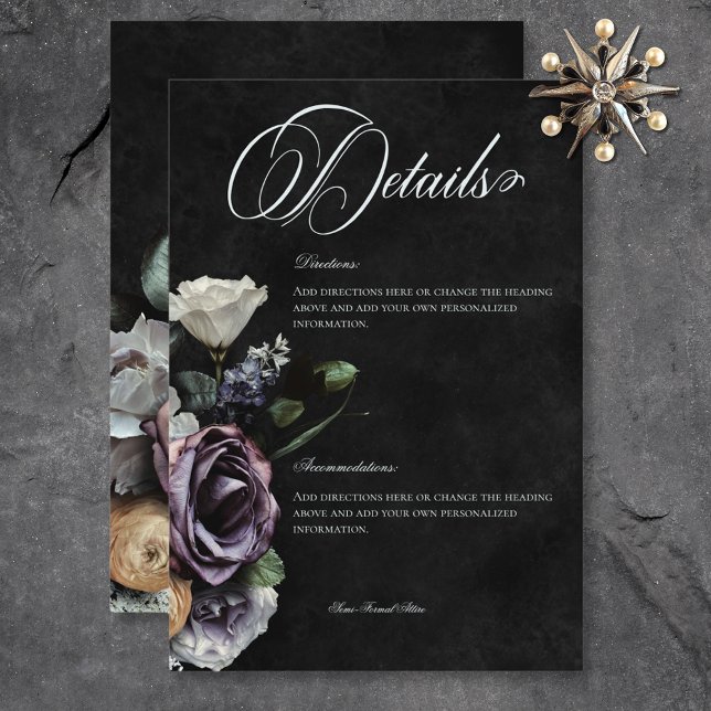 Mörka gotiska mystiska dämpade blomdetails tilläggskort (Dark Gothic Mysterious Muted Floral Details Enclosure Card)