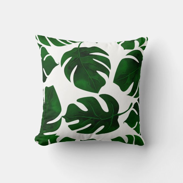 Mörka Gröna Tropiska Blad Vita Sommar Chic Kudde (Framsida)