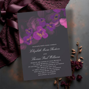 Mörka Lila Orkidéer Blommig Elegant Bröllop Inbjudningar