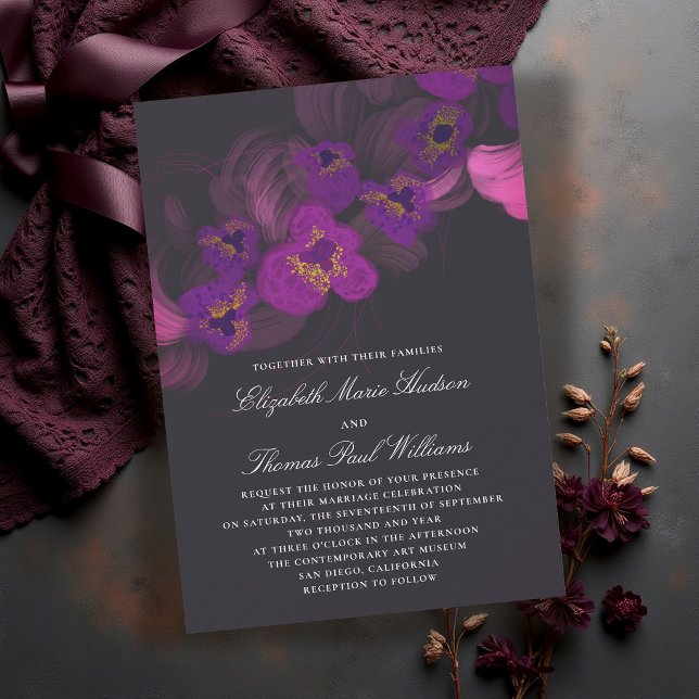 Mörka Lila Orkidéer Blommig Elegant Bröllop Inbjudningar (orchid wedding invitation moody purple dark romantic whimsigoth elegant modern classic formal black)