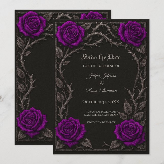 Mörka lila rosor Gothic Save the date Meddelande (Fram/baksida)