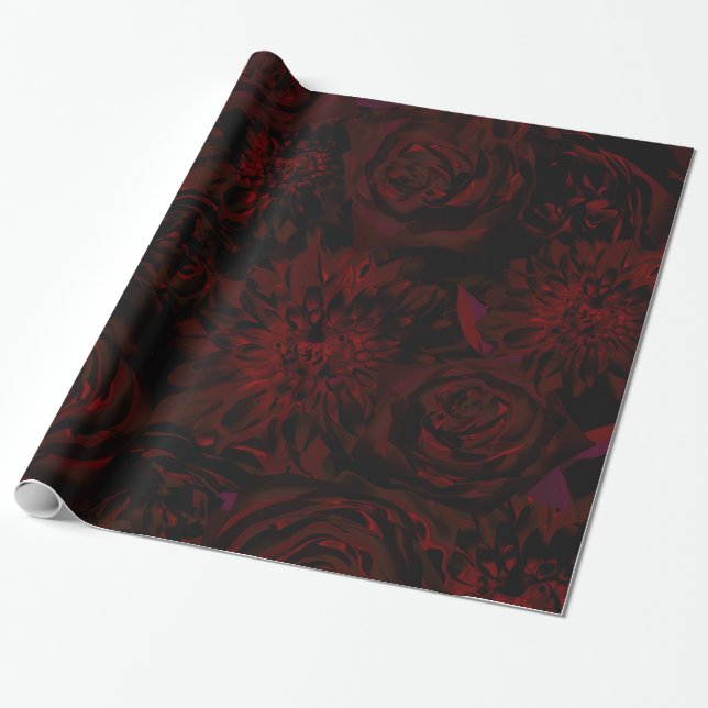 Mörka röda romantiska blommor gotisk bröllopsdekor presentpapper (Utrullad)